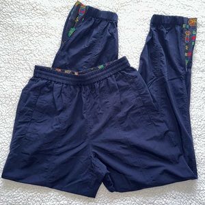 VTG 90s navy track pants windbreaker elastic cuff hem ankle zipper royal print S